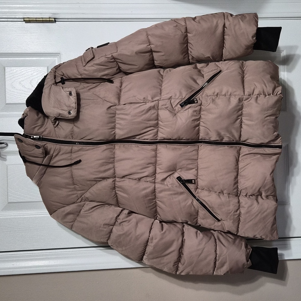 Steve Madden Faux-Fur-Lined Hooded Puffer Coat Tan With Black Size Large - Picture 2 of 12